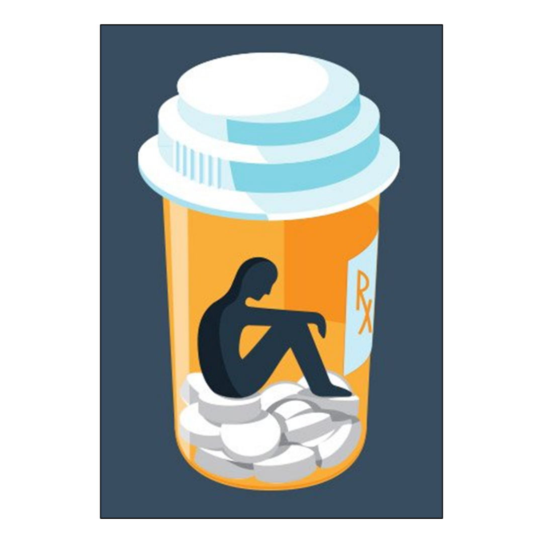 Graphic of a person sitting on a pile of opioid pills inside and orange pill bottle with the label 'Rx'. Signifies being trapped by opioid addition.